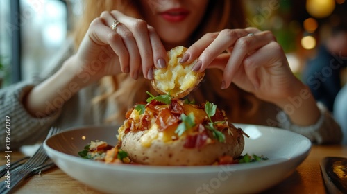 Young woman enjoying delicious loaded baked potato in cozy cafe setting