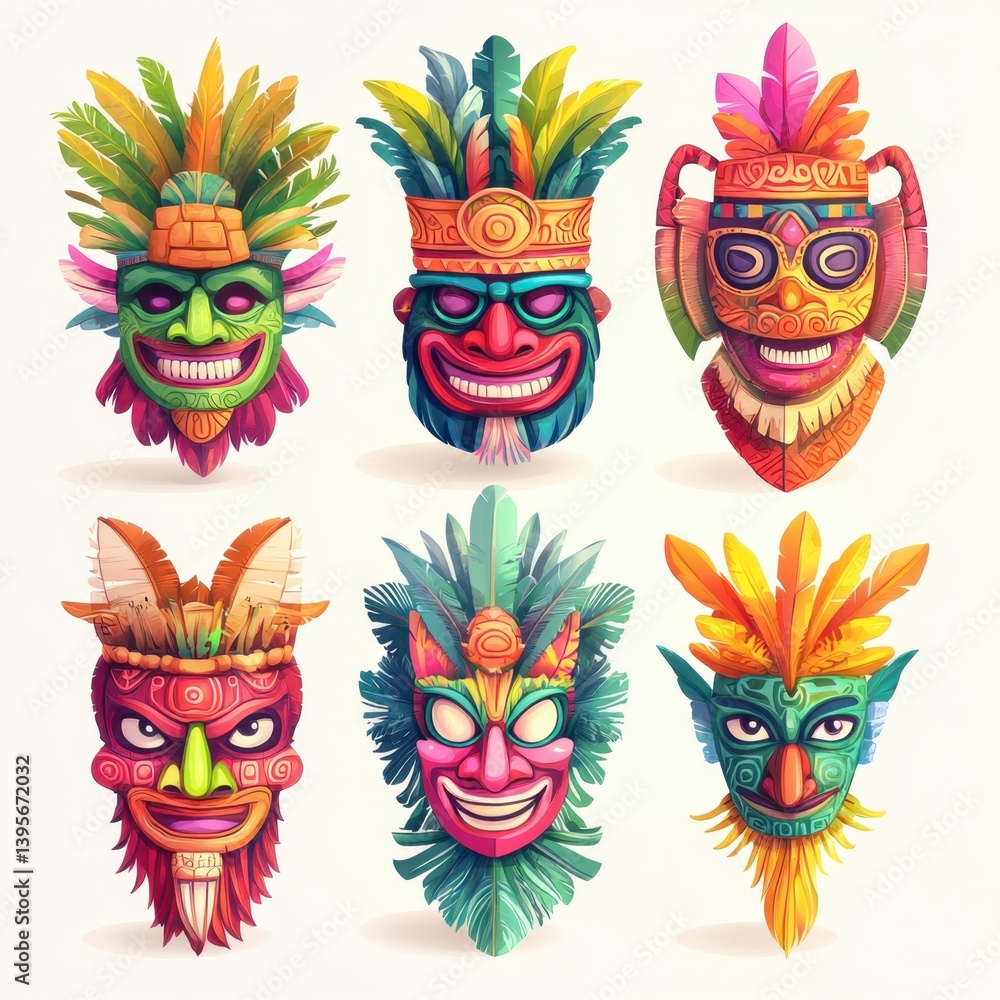 Bright and vibrant set of illustrated tiki masks in various tribal styles, showcasing bold expressions, feathers, and decorative patterns. Bright and vibrant set of illustrated tiki masks in various tribal styles, showcasing bold expressions, feathers, and decorative patterns.