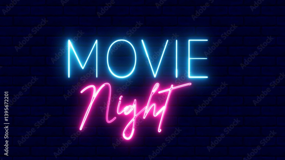 Fototapeta premium Movie night neon sign. Movie night text font with light. Luminous and shimmering haze inside the letters of the text Movie night. 