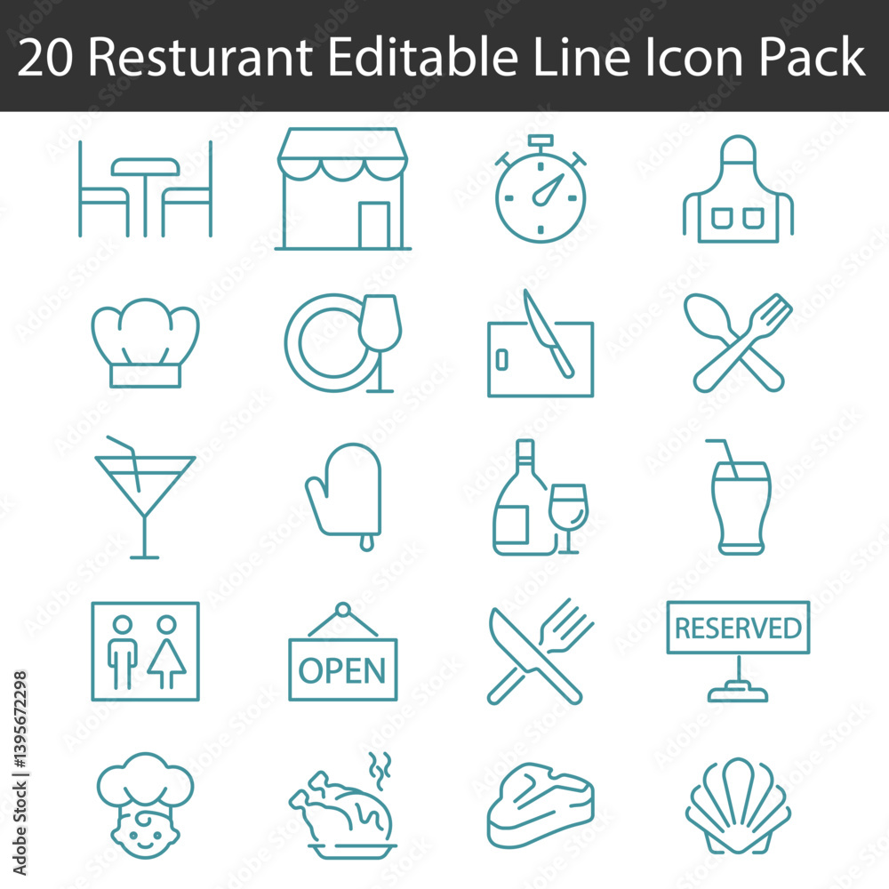 20 Restaurant Editable line icons vector and illustrator set. 20 Restaurant Editable line icons vector and illustrator set.