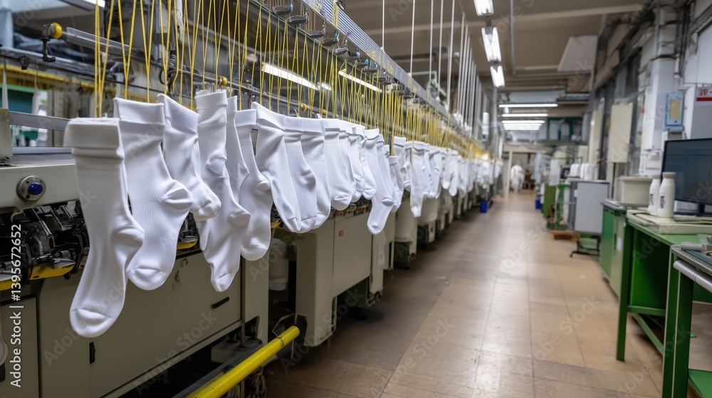 Fototapeta premium Rows of white socks dangle from a moving line, perfectly aligned as they glide through the textile production process.
