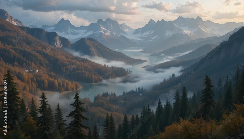 Misty mountain landscape with autumn forest and lake. Misty mountain landscape with autumn forest and lake.
