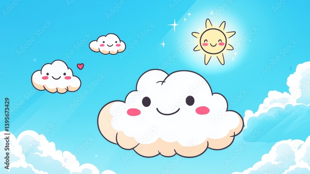Cartoon clouds and sun with kawaii faces are floating in a clear blue sky, creating a cheerful and positive atmosphere with a touch of love Cartoon clouds and sun with kawaii faces are floating in a clear blue sky, creating a cheerful and positive atmosphere with a touch of love