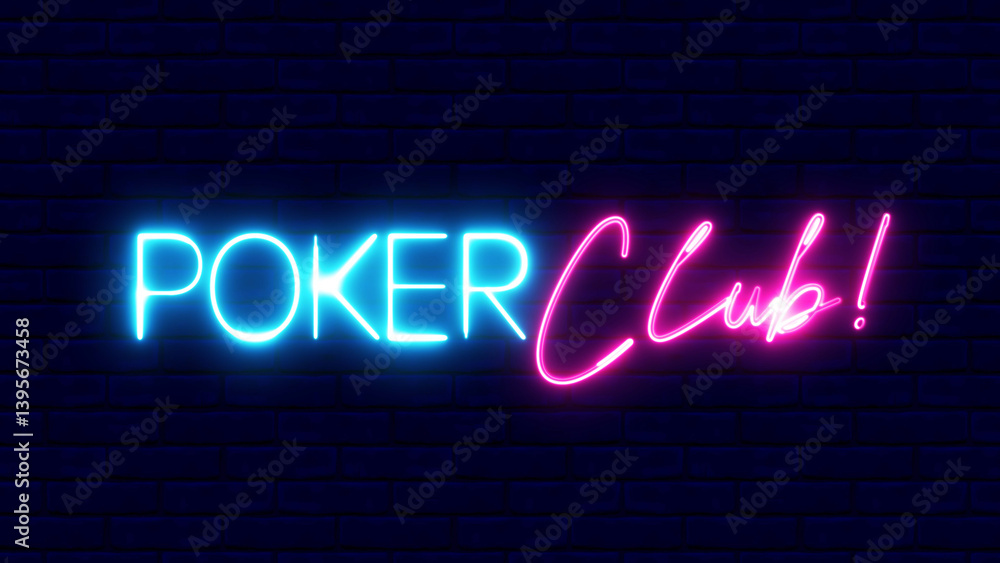 Obraz premium Poker Club neon sign. Poker Club word text font with neon light. Luminous and shimmering haze inside the letters of the text Poker Club.