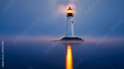 Picturesque Lighthouse Standing Tall in the Foggy Waters at Twilight, Tranquil Scene