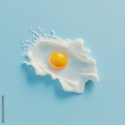 Milk splashing around an egg yolk creating a unique and visually appealing design on a light blue background, perfect for food and beverage advertising