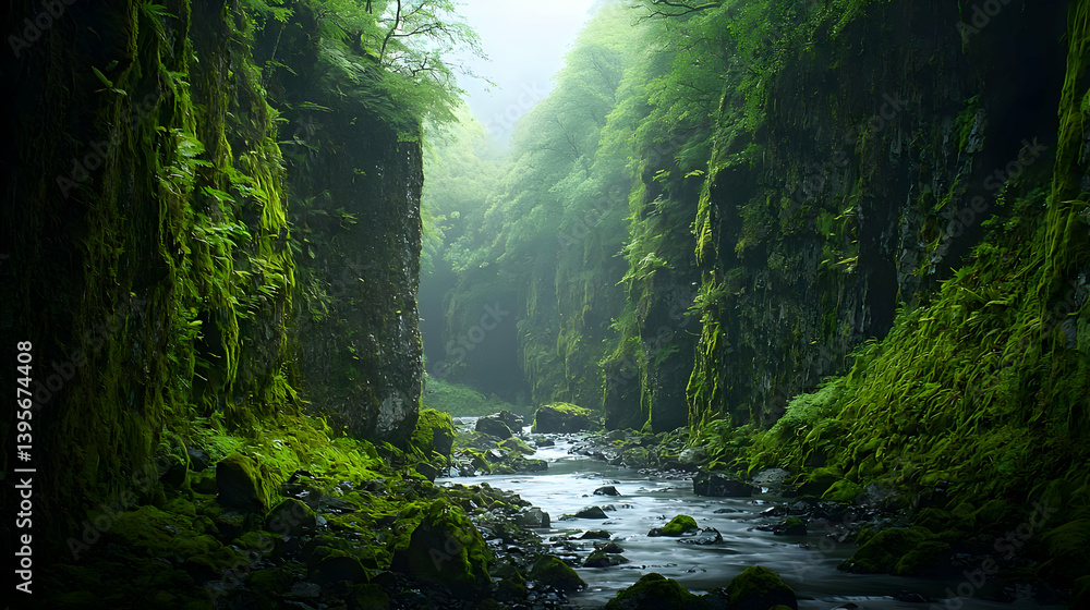 Lush Green Forest River Valley Scene Lush Green Forest River Valley Scene