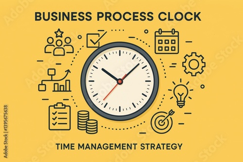 Wallpaper Mural Business Process Clock, Yellow background with icons arranged around clock, Time Management Strategy Torontodigital.ca