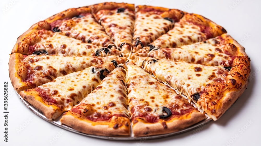 Cheese pizza sliced into eight even portions with stringy cheese pulls isolated on white Cheese pizza sliced into eight even portions with stringy cheese pulls isolated on white