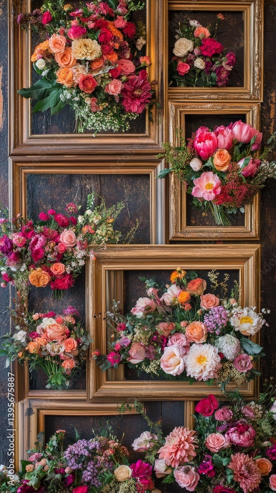 Fototapeta premium Flowers arranged in wooden frames create a decorative floral wall display.