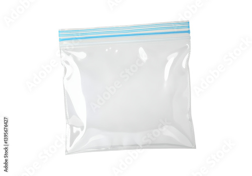 A floating transparent ziplock bag, horizontally aligned, on a solid white background