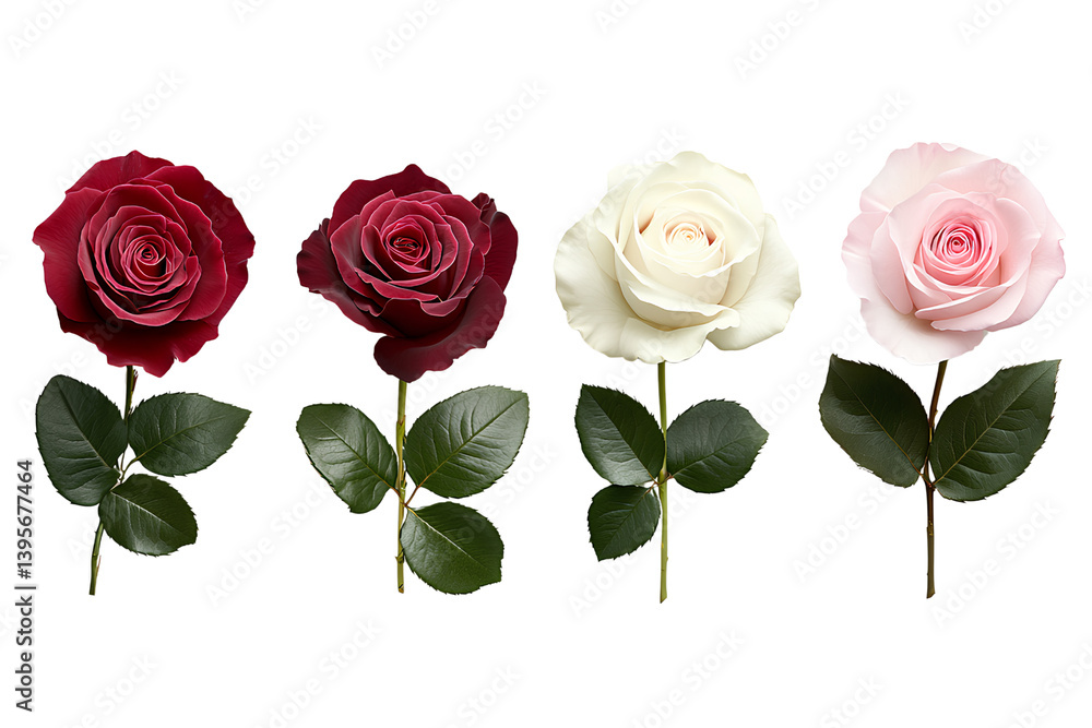 Naklejka premium Four different roses red pink and white roses with green leaves on an isolated Transparent background PNG