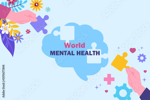 A graphic promoting World Mental Health Day, featuring a brain illustration surrounded by diverse hands and supportive messages.