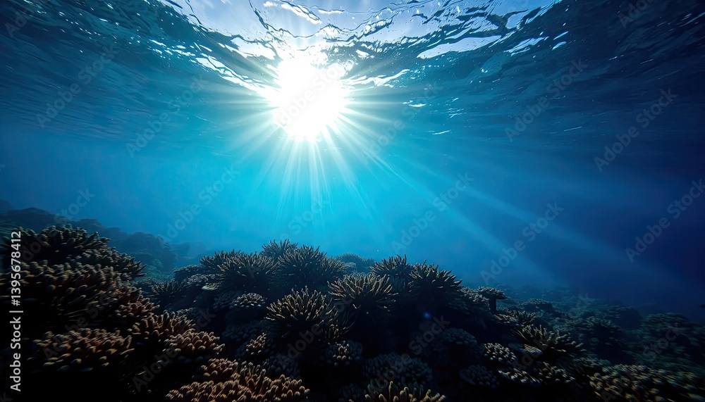Naklejka premium Underwater Sunlight Illuminating Vibrant Coral Reef