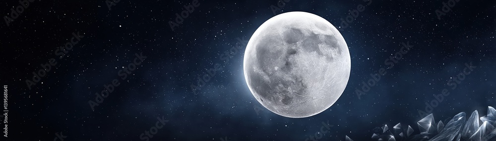 Obraz premium A stunning night sky with a bright full moon surrounded by twinkling stars, creating a serene and enchanting atmosphere.