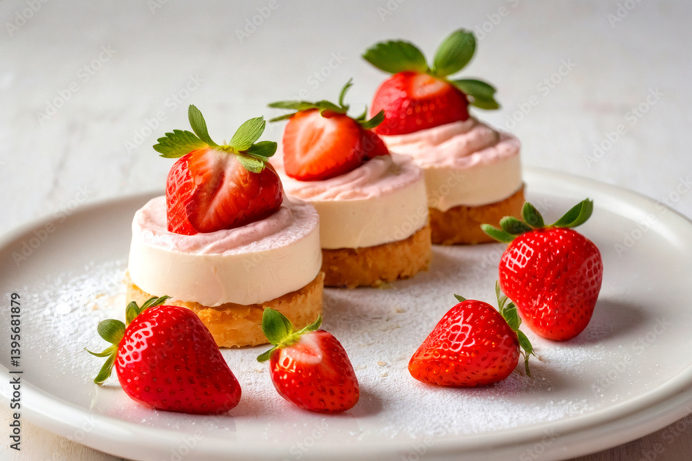 Delightful strawberry mousse cakes served on a white plate with fresh strawberries Generative AI Delightful strawberry mousse cakes served on a white plate with fresh strawberries Generative AI