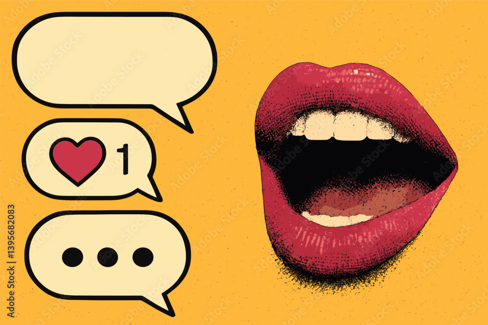 Fototapeta premium Vibrant pop art of open mouth with speech bubbles and heart icon for communication themes