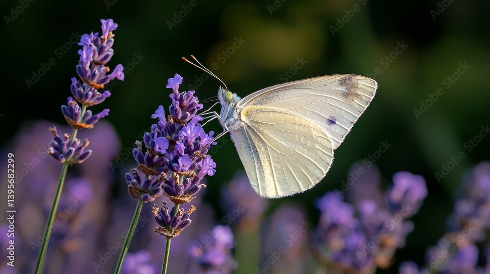 Naklejka premium Delicate White Butterfly on Purple Lavender Flowers in the Garden