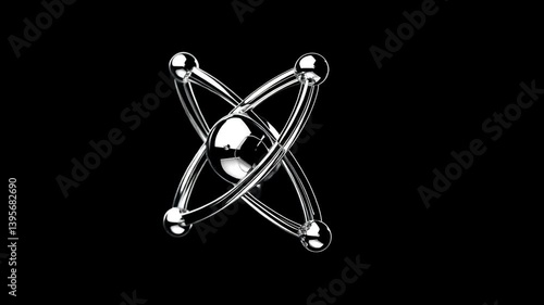 Elegant glass atom model rotating against a deep black background for creative projects