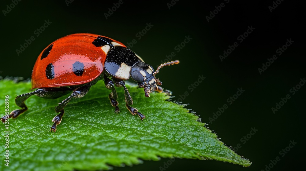 Fototapeta premium Detailed Macro of a Ladybug on a Green Leaf Against Dark Background