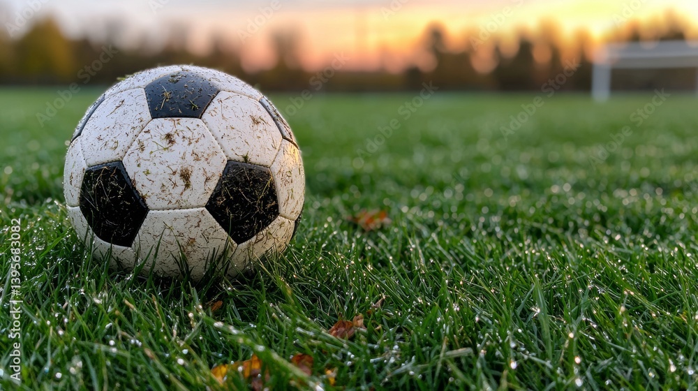 Obraz premium Close up of a soccer ball on a dewy green grass field at dawn