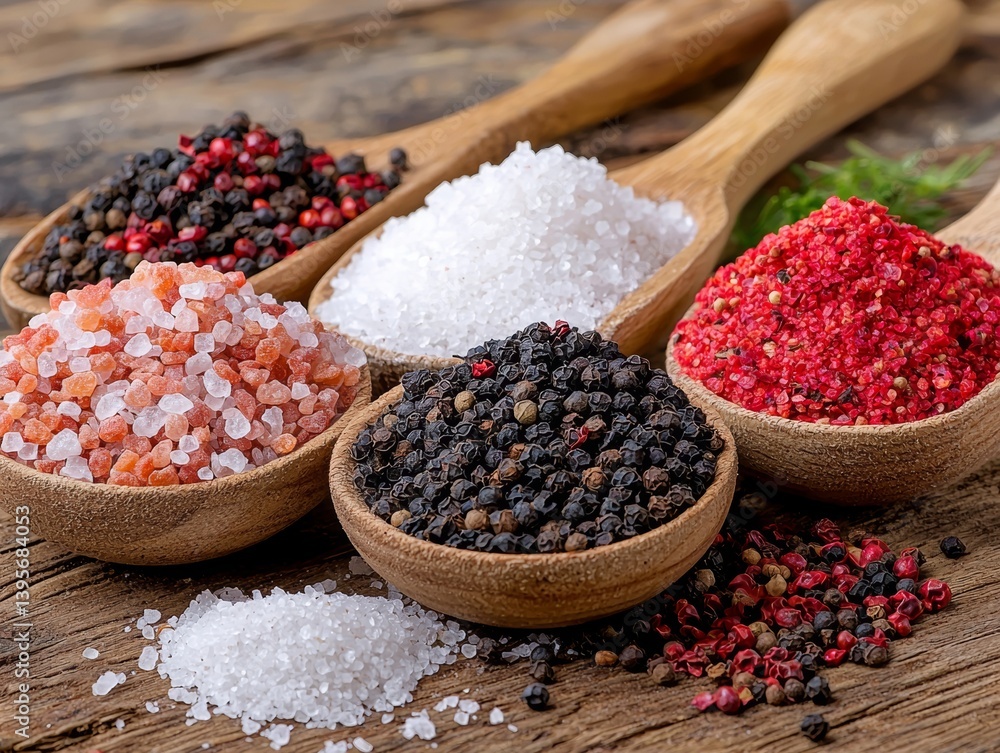 Various Spices and Salts in Wooden Spoons on Rustic Wooden Surface Various Spices and Salts in Wooden Spoons on Rustic Wooden Surface
