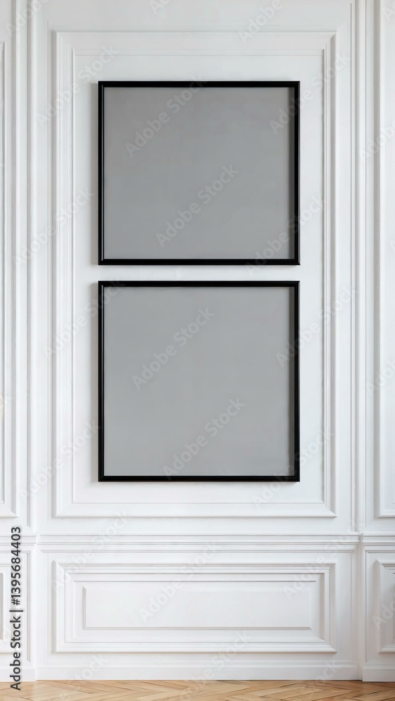 Three black-paneled picture frames aligned over an elegant white wainscoted wall Three black-paneled picture frames aligned over an elegant white wainscoted wall