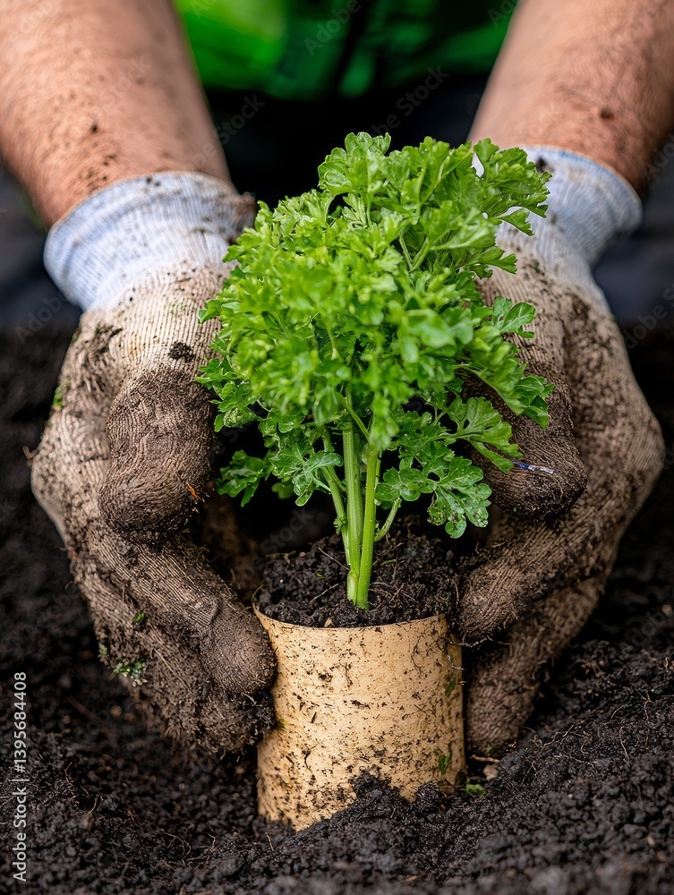 Hands Planting Parsley in a Pot, Gardening Concept, Organic Herb, Soil, and Gloves Hands Planting Parsley in a Pot, Gardening Concept, Organic Herb, Soil, and Gloves