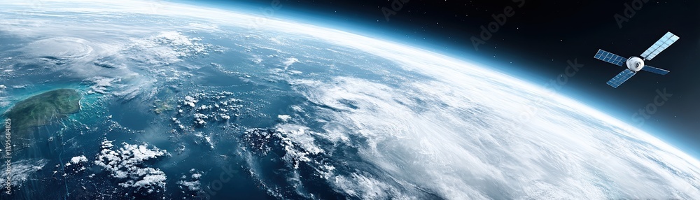 Fototapeta premium A breathtaking view of Earth from space, showcasing its blue oceans, white clouds, and a satellite orbiting above.