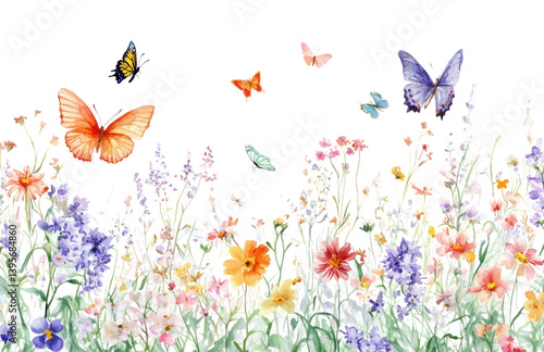 PNG Beautiful wild flower meadow with butterflies butterfly flowers illustration.