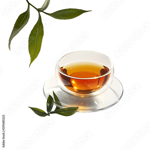Glass Cup of Herbal Tea with Green Leaves on White Background

