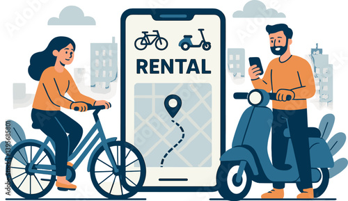 Urban bike and scooter rental service concept with mobile application