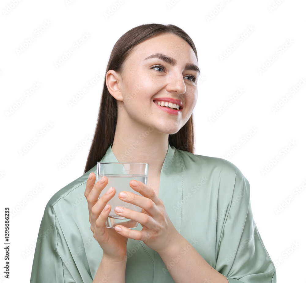 Smiling woman with glass of collagen water on white background Smiling woman with glass of collagen water on white background