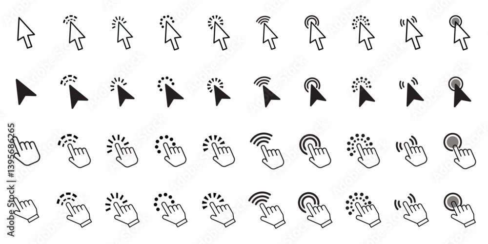 Computer mouse click cursor gray arrow icons set and loading icons. Cursor icon. Vector illustration. Mouse click cursor collection Computer mouse click cursor gray arrow icons set and loading icons. Cursor icon. Vector illustration. Mouse click cursor collection