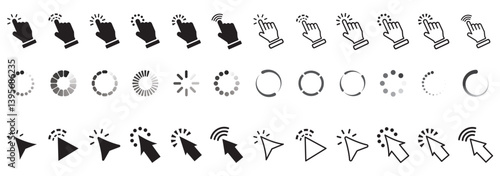 Mouse click cursor icon set. Hand finger and arrow cursor pointer symbol icons vector set. Assorted mouse click cursor pointer vector stock illustration. Varies different style graphic design.