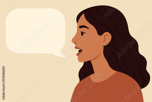 Woman speaking with speech bubble in minimalist style for communication design