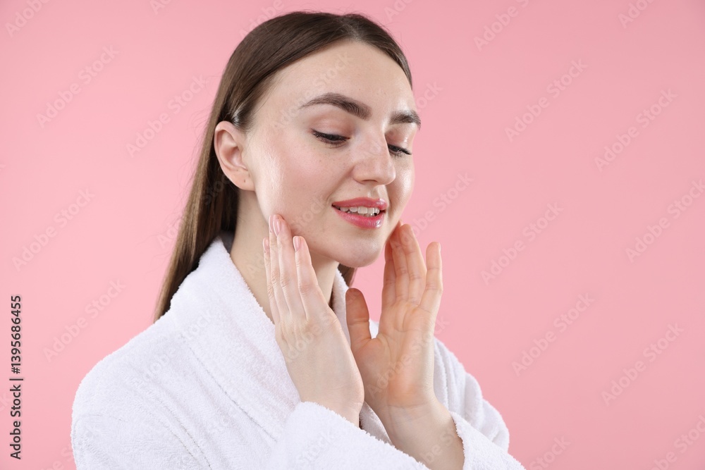 Smiling woman with healthy skin on pink background Smiling woman with healthy skin on pink background