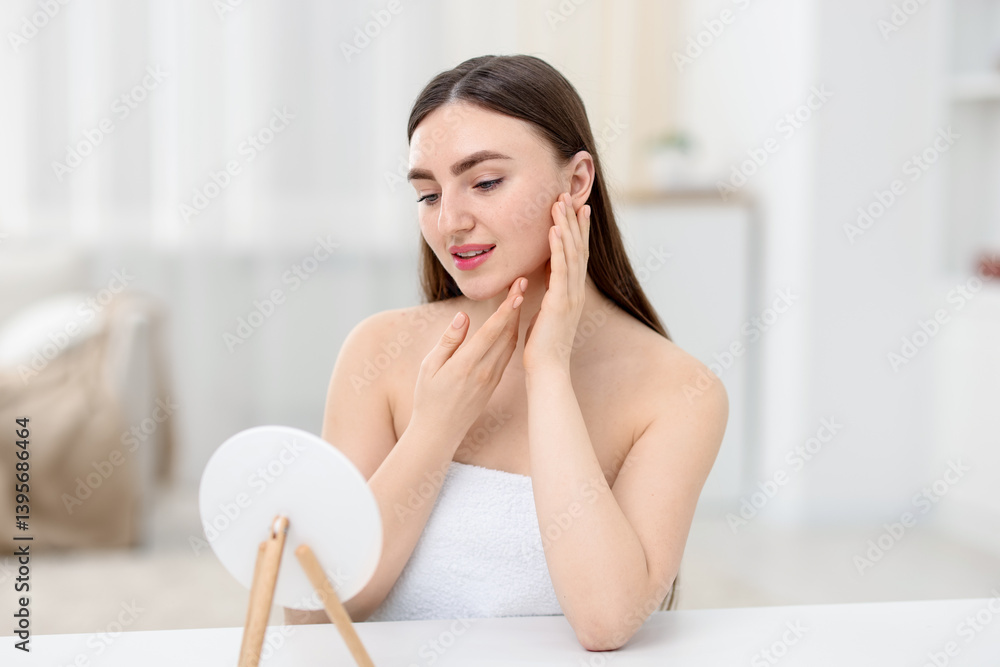 Woman with healthy skin massaging face and round mirror at table indoors Woman with healthy skin massaging face and round mirror at table indoors