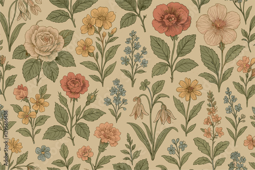 Wallpaper Mural Vintage floral pattern with roses and wildflowers for decorative design Torontodigital.ca