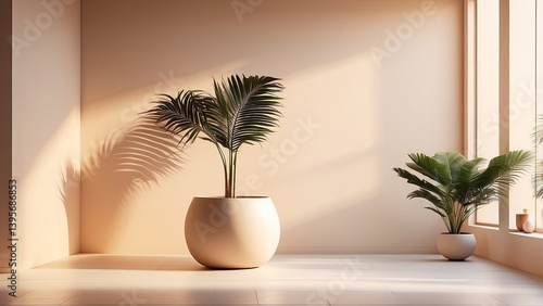 3d rendering of a plant in a vase on a table in front of, soft neon atmosphere
