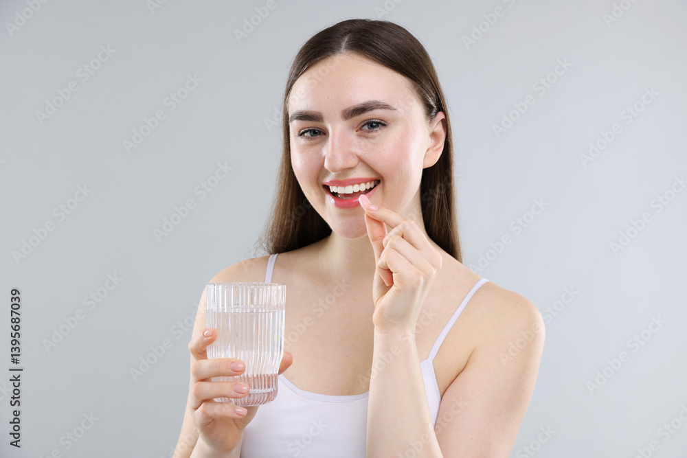 Happy woman with glass of water taking collagen pill on grey background Happy woman with glass of water taking collagen pill on grey background