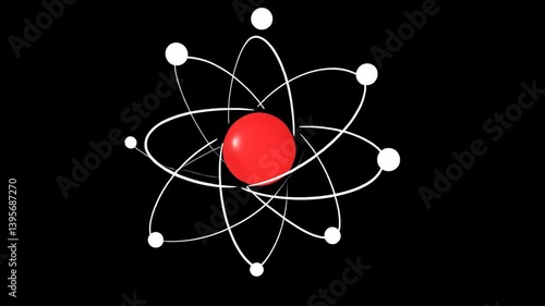 Visual Representation of a Red Nucleus Atom Orbiting Electrons on a Black Background