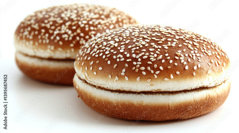 Two sesame seed buns. Freshly baked, round, and ready to be filled with savory fillings. Perfect for a burger Two sesame seed buns. Freshly baked, round, and ready to be filled with savory fillings. Perfect for a burger