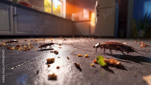 Cockroaches infest kitchen floor, crumbs scattered, sunlight streams in