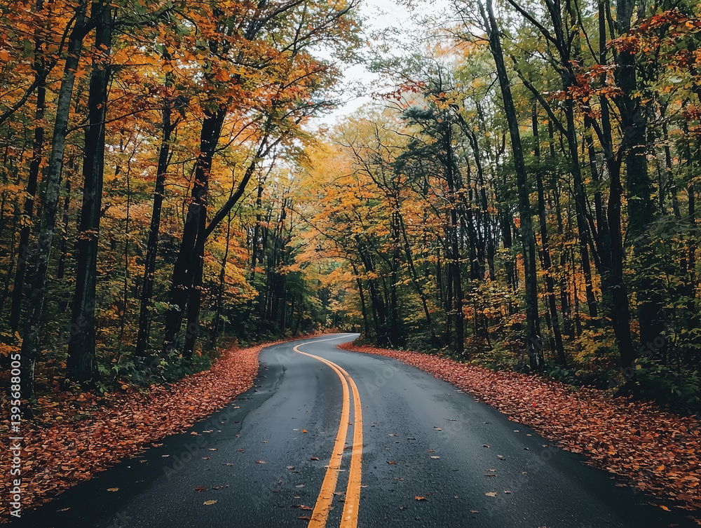 A picturesque road winding through the forest, lined with vibrant autumn foliage A picturesque road winding through the forest, lined with vibrant autumn foliage