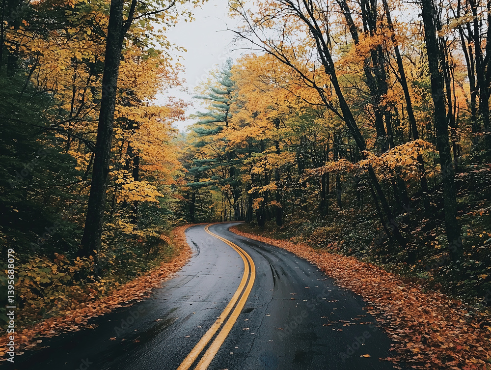 Fototapeta premium A picturesque road winding through the forest, lined with vibrant autumn foliage 
