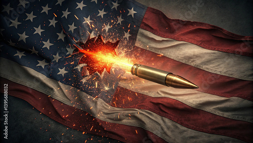 A bullet pierces through the American flag, erupting in a fiery explosion and sparks, symbolizing gun violence and the threat of political assassination