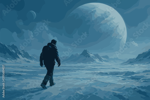 Adventurous solo journey across icy landscape under majestic alien sky for futuristic exploration