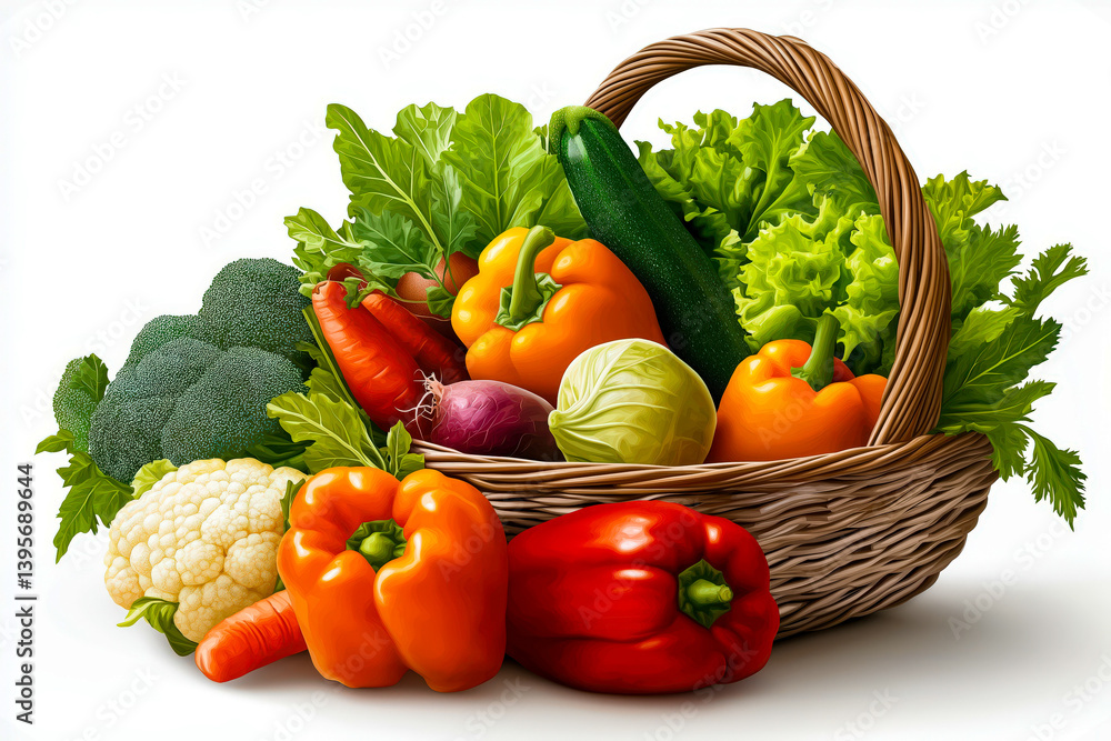 A wicker basket filled with fresh colorful vegetables, including bell peppers, carrots, lettuce, and zucchini A wicker basket filled with fresh colorful vegetables, including bell peppers, carrots, lettuce, and zucchini