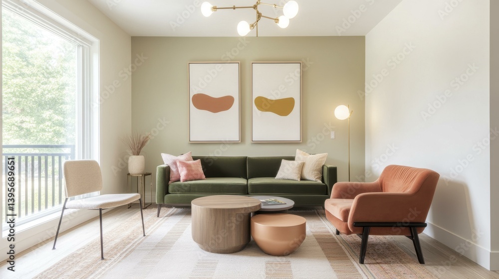 Fototapeta premium Modern Living Room with Green Sofa Orange Armchair Abstract Paintings
